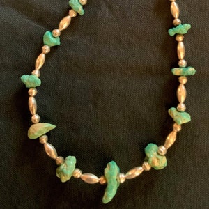 Vintage Turquoise Bench Bead Necklace, Vintage Old Sterling Silver Turquoise Seamed Bench Bead Necklace, Vintage Old Necklace