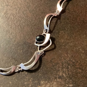 Black Onyx Free Form Bracelet, Vintage Taxco Mexico 925 Onyx Bracelet, Mexico Sterling Silver Link Bracelet, Onyx Free Form Link Bracelet