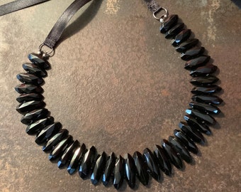 Victorian Whitby Jet Collar Necklace, Faceted Bib, Antique Restored Jewelry