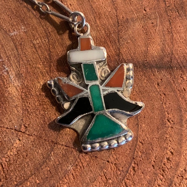 Vintage Kachina Pendant,Vintage Turquoise Pendant,Coral Inlay Pendant,Kachina Inlay Pendant Necklace,Sterling Silver Turquoise Necklace