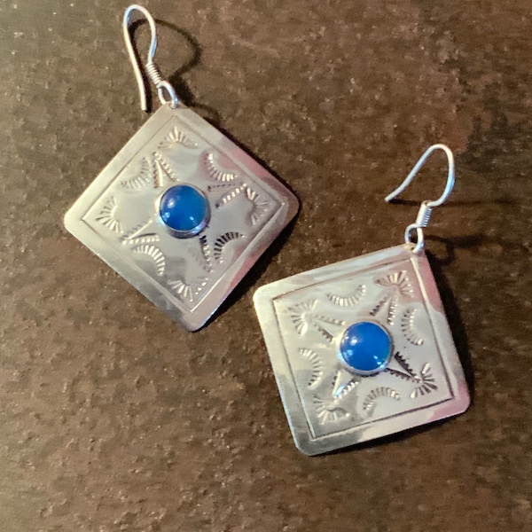 Chalcedony Stamped Earrings, Vintage 925 Hand Stamped Square Post Earrings, Vintage Taxco Mexico 925 Stamped Earrings, Mexico 925 Earrings