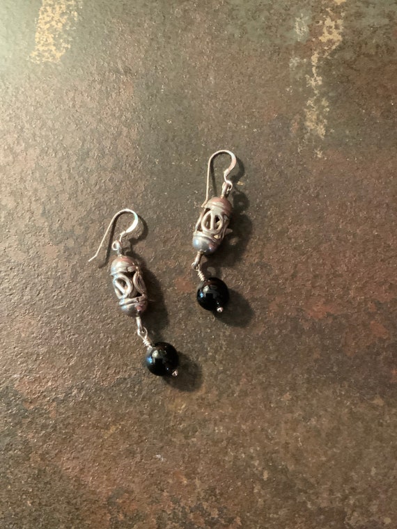 Open Weave 925 Onyx Earrings, Vintage Onyx Dangle 