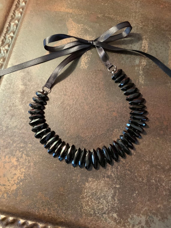 Whitby Jet Collar Necklace, Victorian Black Whitb… - image 1