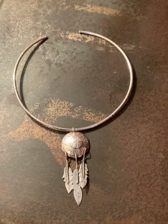 Taxco Mexico Dream Catcher Feather Pendant Necklace, Sterling Silver