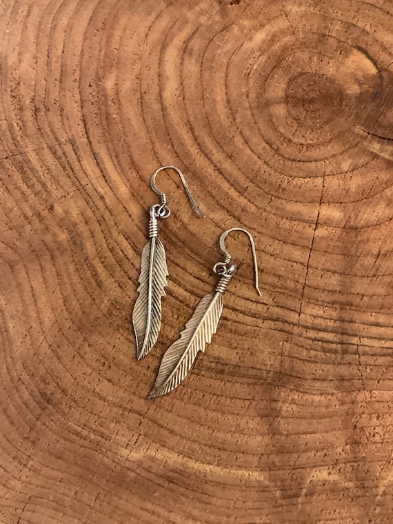 925 Feather Dangle Earrings, Vintage Sterling Sil… - image 3