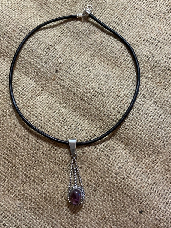 Amethyst Leather Necklace,Sterling Silver Amethys… - image 7