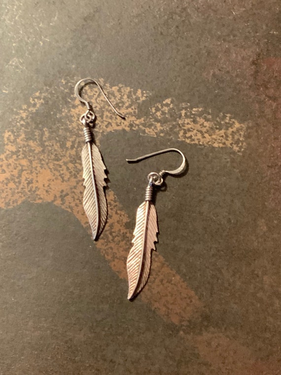 925 Feather Dangle Earrings, Vintage Sterling Silv
