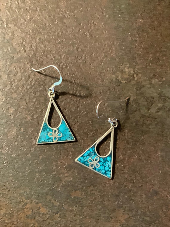 Turquoise Chip Inlay Earrings, Vintage Handmade Da