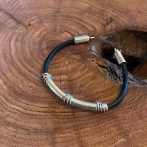 925 Leather Tube Bracelet, Vintage Mexico 925 Tube Tip Black Leather Bracelet, Black Leather Tube Bracelet, Unique Leather Tube Bracelet