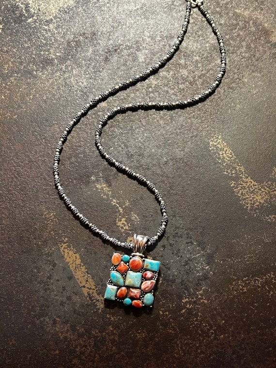 Southwestern Turquoise Spiny Oyster Cluster Pendan