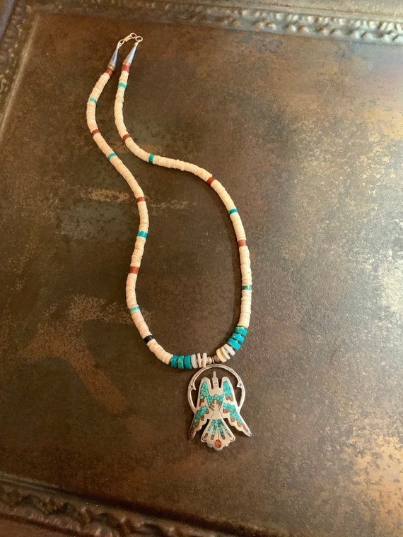 RARE Turquoise Coral Thunderbird Heishi Bead Neck… - image 1