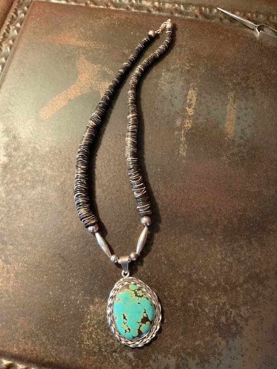 Spiderweb Turquoise Pendant Heishi Necklace, Vinta