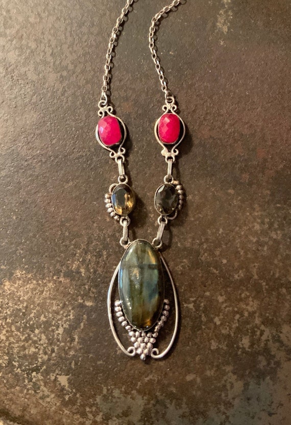 Vintage Gemstone Bib Necklace, Labradorite, Smoky 