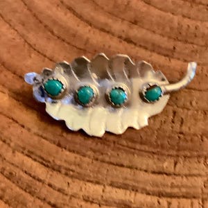 Vintage Petit Point Turquoise Leaf Pin Brooch, Sterling Silver