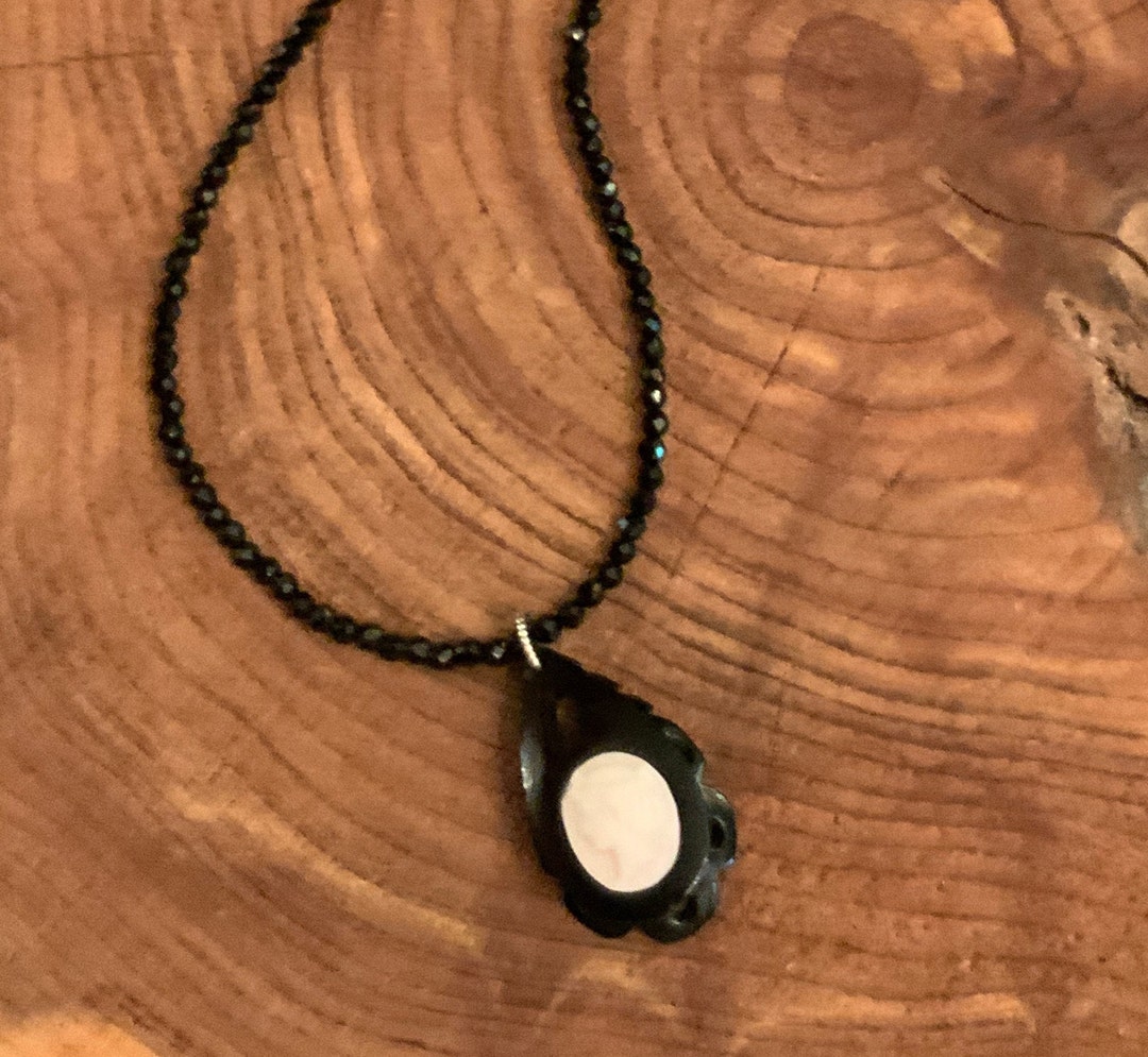 Whitby Jet Coral Cameo Pendant Necklace, Antique Whitby Jet Necklace, Black  Faceted Jade Bead Necklace, Angel Skin Coral Cameo Pendant