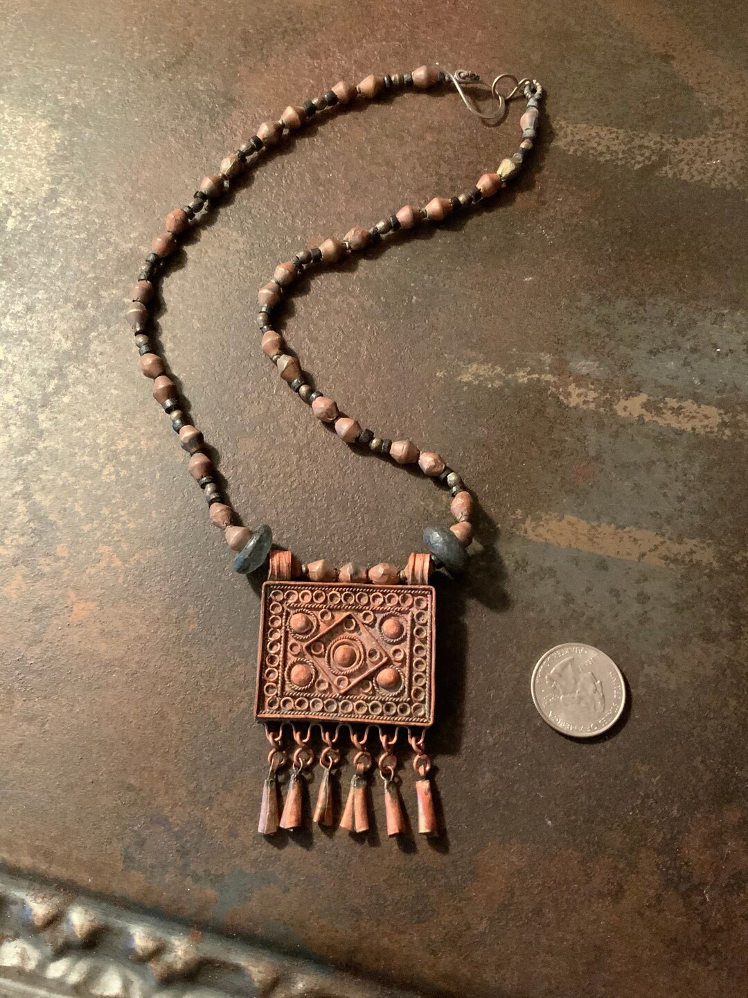 Copper Amulet Ethiopian Copper Amulet Pendant Necklace, Vintage Bi-cone Bead Talisman ...