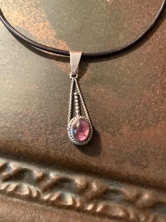 Amethyst Leather Necklace,Sterling Silver Amethys… - image 2