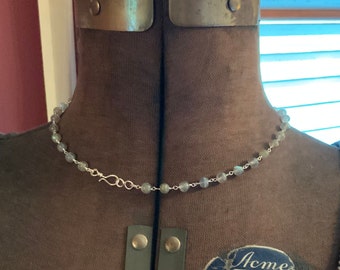 Labradorite Bead Choker Necklace, Sterling Silver Chain, Artisan Hook Clasp