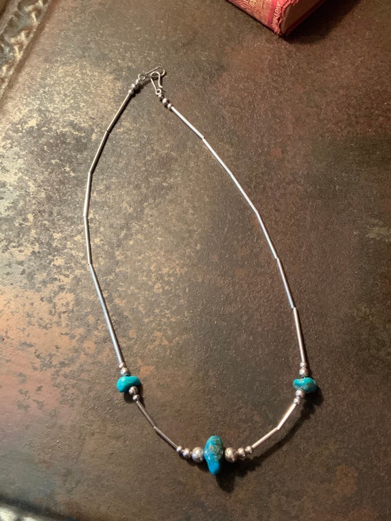 Turquoise Liquid Silver Necklace,Navajo Liquid Sil