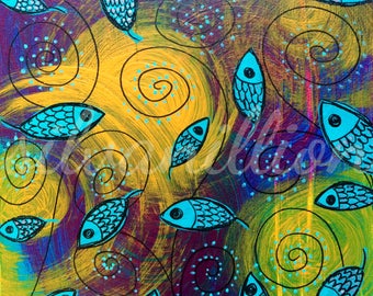 FISH FLOWERS swirl around acrylic painting 20x20
