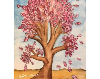 Dream Tree Pink Leaves Original Illustration 29.7 x 21 cm