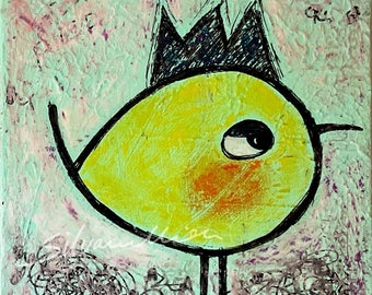 Birdie with Crown acrylic painting 20x20