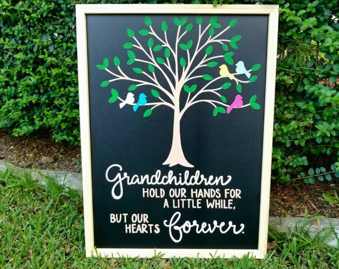 but our hearts forever hold our hands for a little while Grandchildren family tree hand painted chalkboard custom
