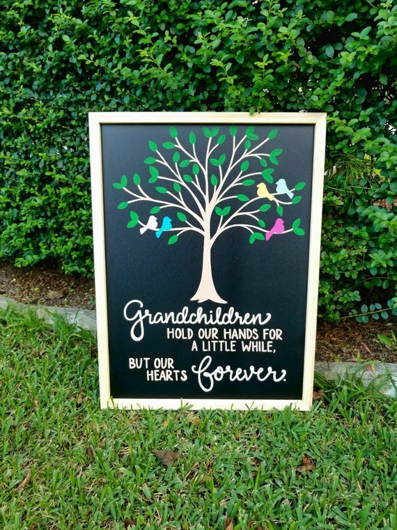 but our hearts forever hold our hands for a little while Grandchildren family tree hand painted chalkboard custom