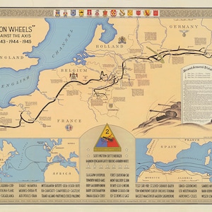 May include: A vintage map titled "Hell on Wheels" depicting the Second Armored Division's war against the Axis from 1942-1945. The map shows the division's route through Europe, with text and illustrations.