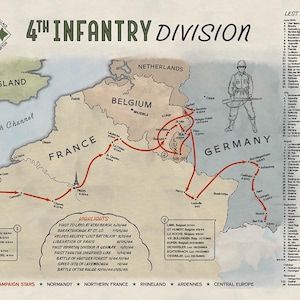 Carte de route de la 4e Division d'infanterie - Division du Rocher de la Marne - US Army WWII