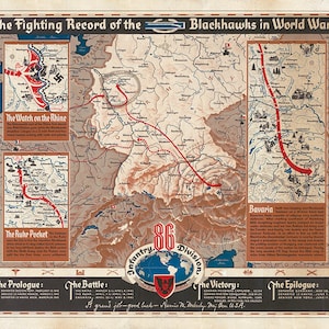 86th Infantry Division WW II Route Map - Black Hawk Division - US Army Military Chart