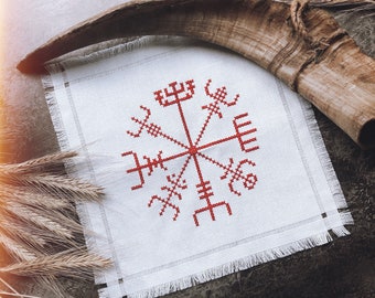 Altar napkin with Viking compass, Vegvisir, altar cloth, pagan decor, Viking embroidery, Viking style , asatru, Norse Handmade gift Imbolc