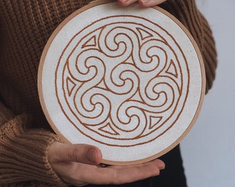 Embroidery hoop with Celtic ornament Handmade gift Authentic Flytflot Ancient Wall Decor Pagan Irish Home decor