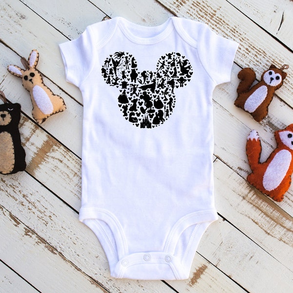 Adorable Mickey Mouse silhouette with tiny Disney characters/Mickey head made up or Disney and Pixar characters/Disney onesie Mickey Mouse