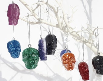 Glitter Skull Baubles, Christmas Tree Skulls, Halloween Tree Skulls