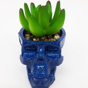Pode incluir: Um vaso de caveira azul com glitter com uma planta suculenta verde dentro.