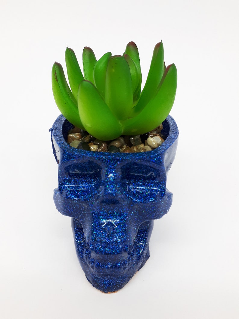 Pode incluir: Um vaso de caveira azul com glitter com uma planta suculenta verde dentro.