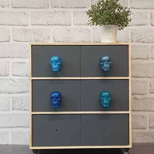 Blue Resin Skull Drawer Pulls: Gothic Cabinet Knobs