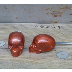 May include: Two antique copper skull drawer pulls with a silver screw and washer. The skull pulls are shiny and have a smooth finish.