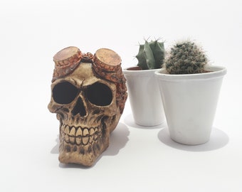 Hand-Painted Steampunk Skull Ornament with Goggles