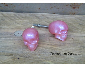 Hand Cast Pink Resin Skull Knobs: Gothic Drawer Pulls