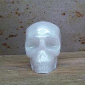 May include: A white iridescent skull made of resin. The skull has a smooth, glossy finish and is approximately 5 cm tall.