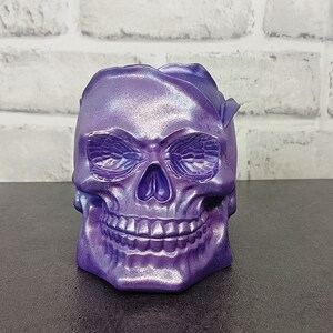 May include: A purple iridescent skull planter with a detailed face and eye sockets. The skull is made of a smooth, shiny material.