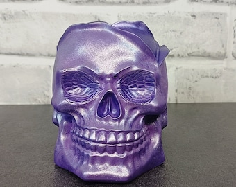 Hand Cast Jesmonite Skull Pot: Gothic Makeup Brush Holder, Purple Metal Effect
