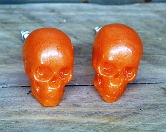 Orange Skull Knobs, Resin Skull drawer Pulls, Made to Order