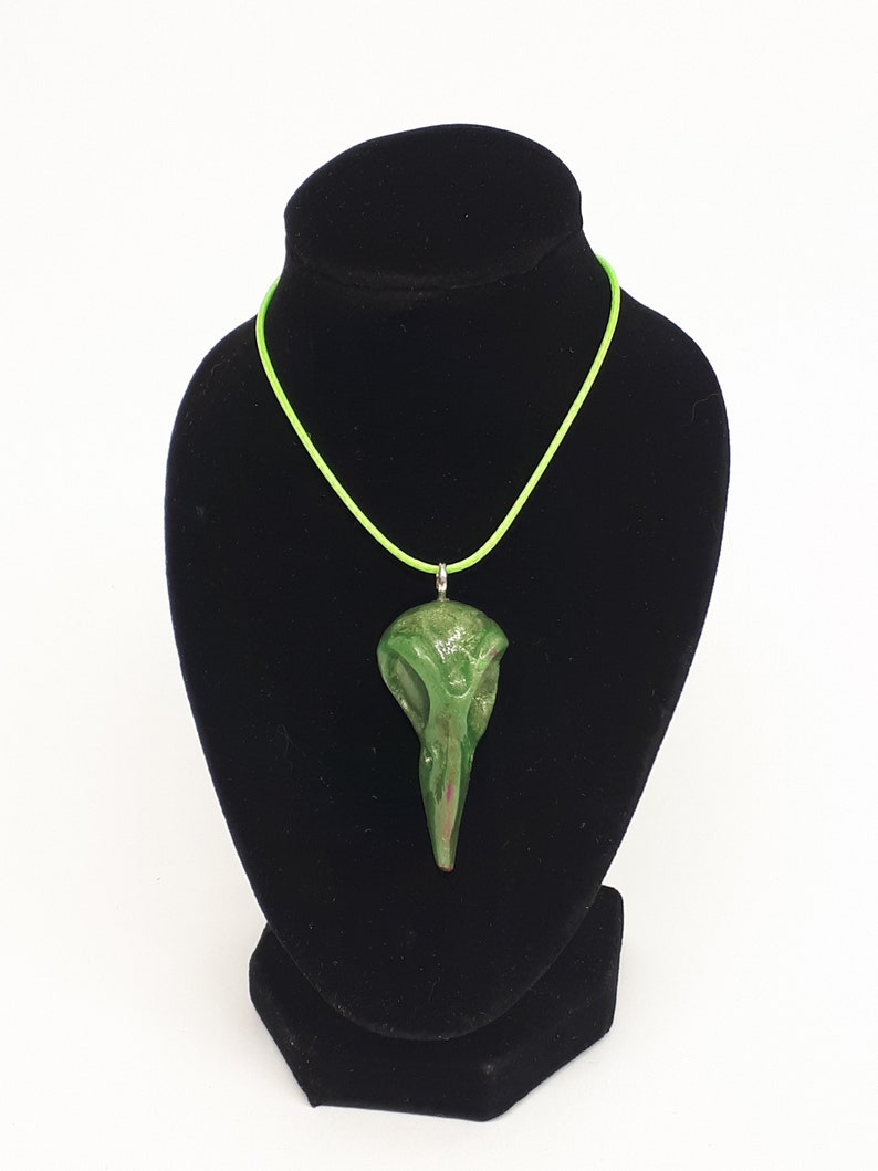 Raven Skull Necklace, Gothic Raven Jewellery Green Raven Skull