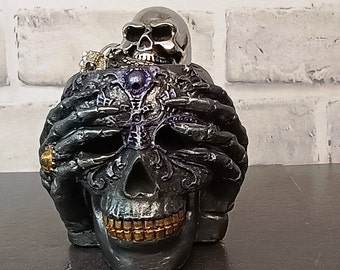 Handmade Skull Ring/Tea Light Holder: Gothic Jesmonite Skull & Fingers