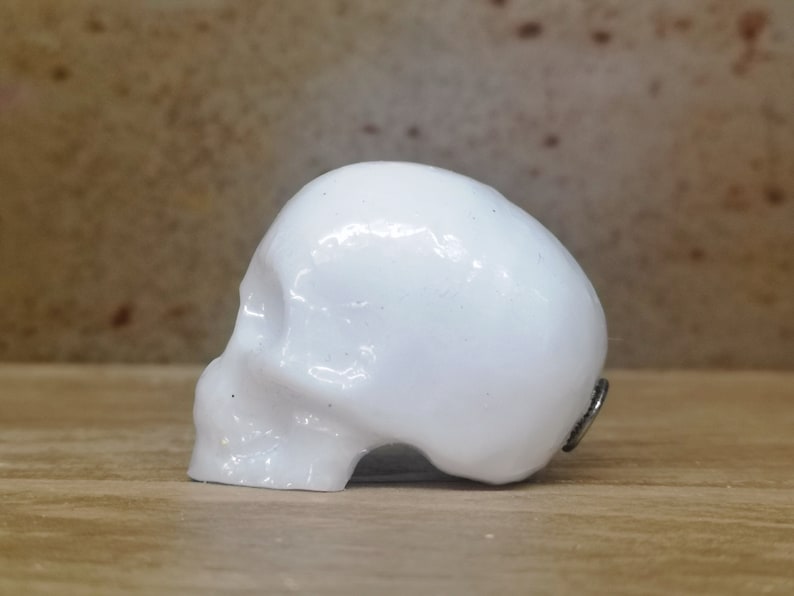 May include: A white ceramic skull figurine with a smooth, glossy finish. The skull is facing to the side and has a small metal loop on the back.