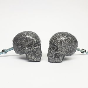 May include: Two silver glitter skull cabinet knobs with a silver screw and nut.