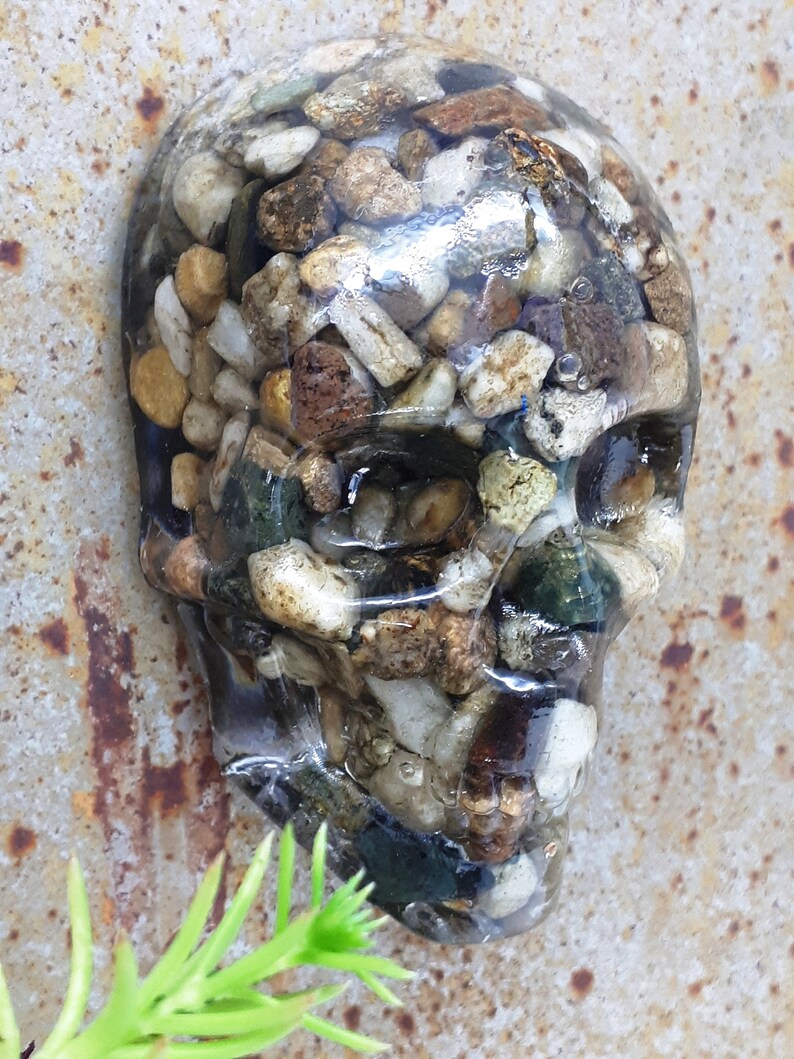 May include: A clear resin skull filled with small stones in shades of brown, white, and green.
